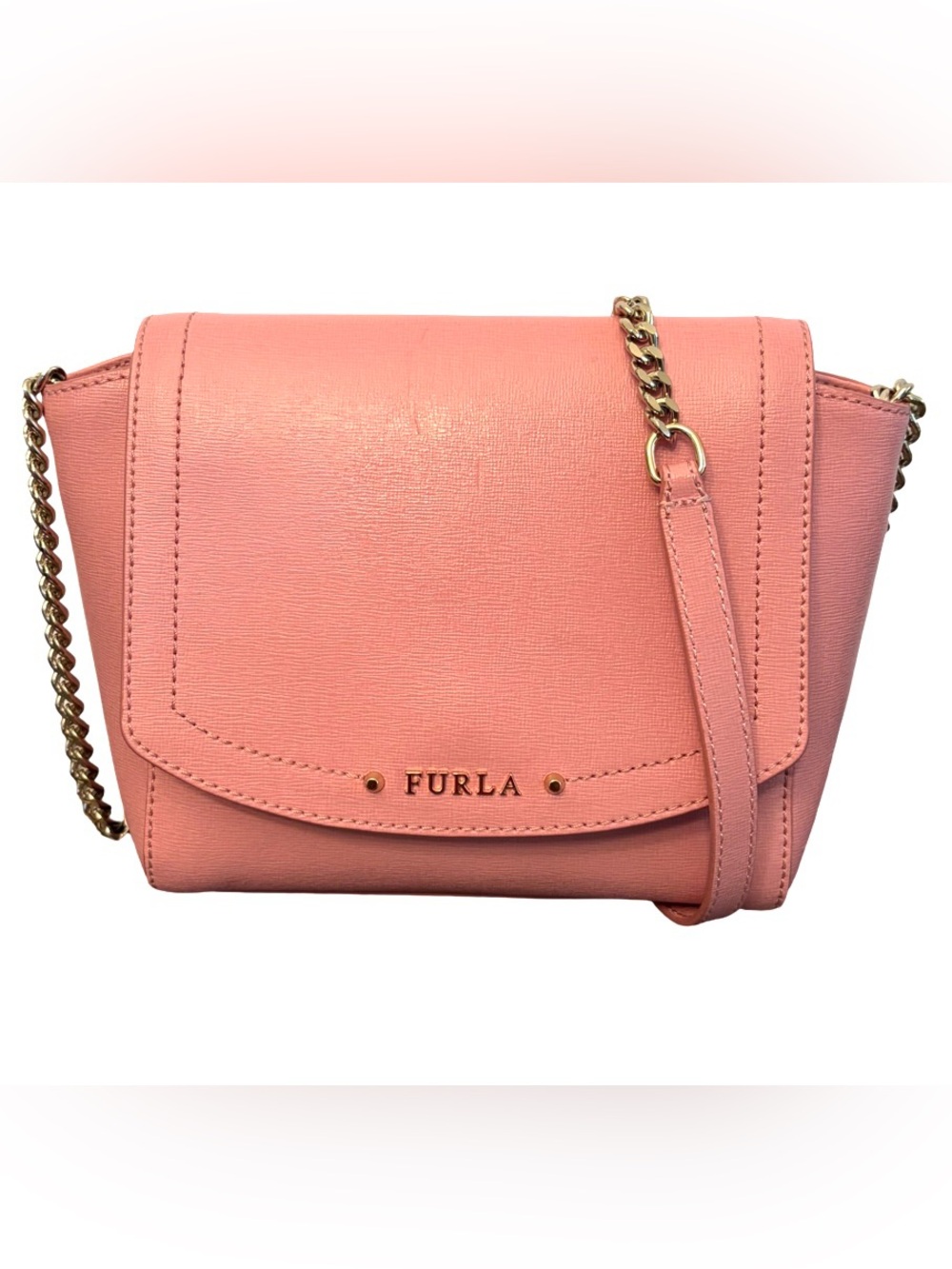 FURLA NewDizzy Shoulder Crossbody Bag Textured Leather Pink Gold Chain Straps
